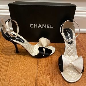 CHANEL Black + White Satin Bow Heels